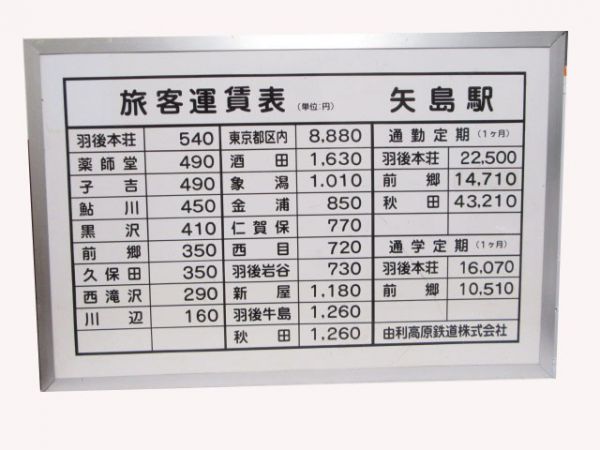 由利高原鉄道矢島駅 旅客運賃表