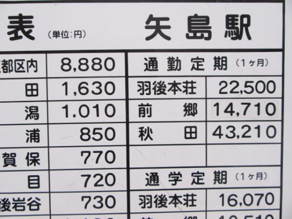 由利高原鉄道矢島駅 旅客運賃表