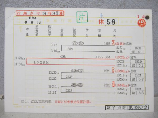 淀川電車区行路表4枚