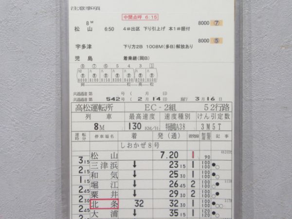 高松運転所 EC2組 52行路(しおかぜ8号・7号入り)