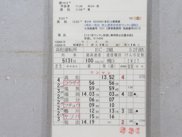 高松運転所 EC2組 52行路(しおかぜ8号・7号入り)