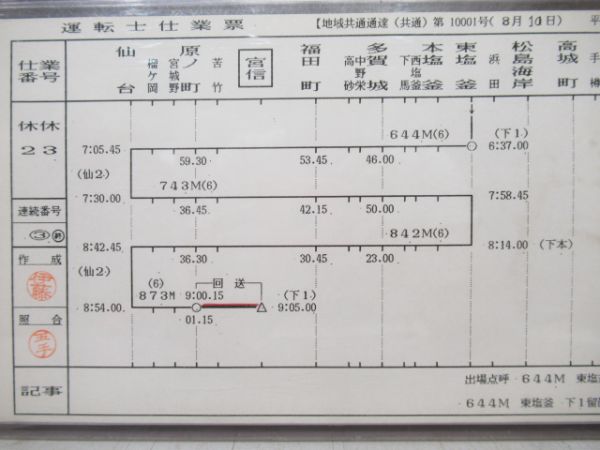 宮城野電車区運転士仕業票揃い