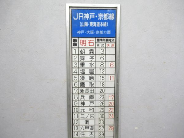 JR明石駅 所要時間案内板 神戸・大阪・京都方面