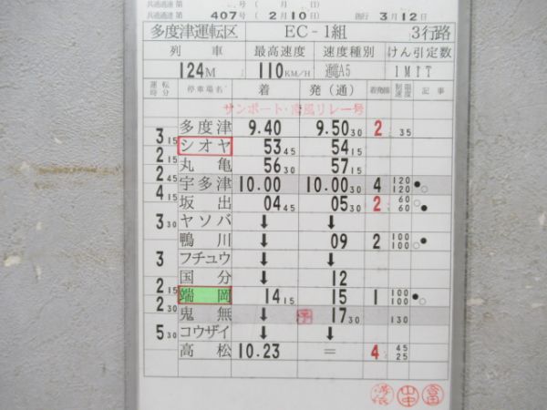 多度津運転区　3行路(行路表付き)「サンポート・南風リレー号入り」