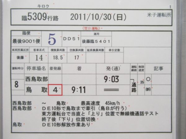 米子運転所　行路表付き揃い「お召し列車」