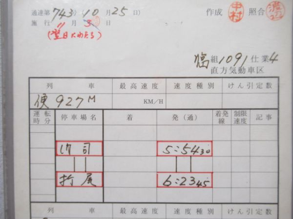 直方気動車区　臨1091仕業揃い「DE10」行路表付き