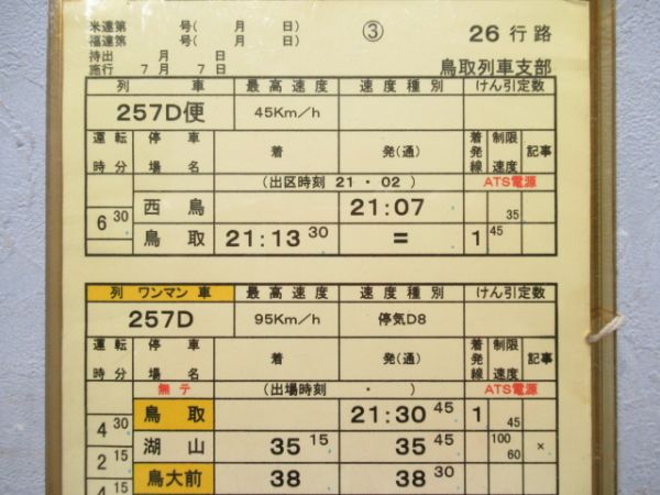 鳥取列車支部　26行路揃い「急行だいせん」行路表付き