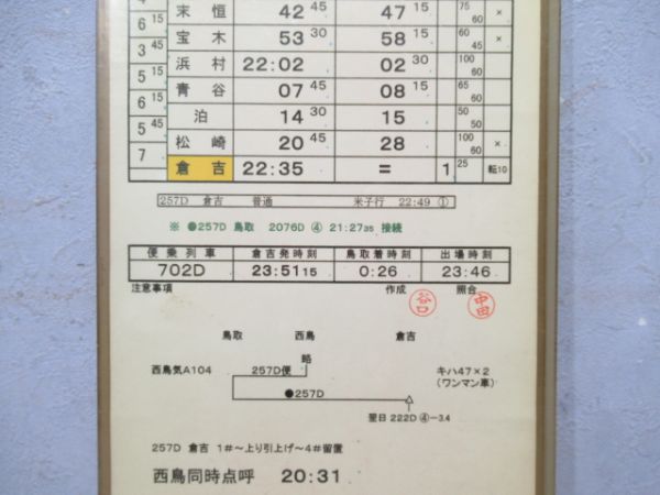 鳥取列車支部　26行路揃い「急行だいせん」行路表付き