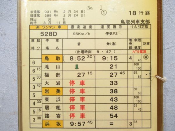 鳥取列車支部　18行路揃い「急行だいせん」行路表付き