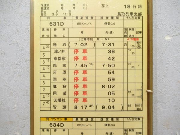 鳥取列車支部　18行路揃い「急行だいせん」行路表付き