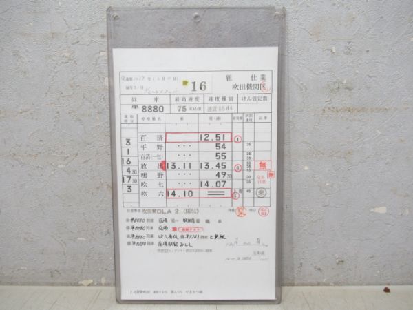 吹田機関区　変16仕業「城東貨物線」行路表付き