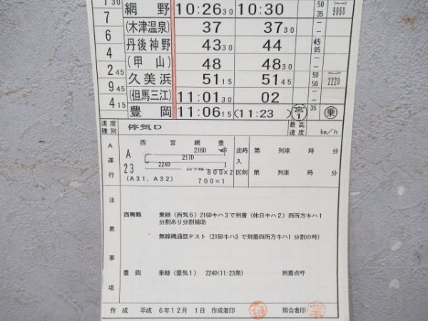 西舞鶴運転区　西6仕業揃い「北近畿タンゴ鉄道快速入り」行路表付き