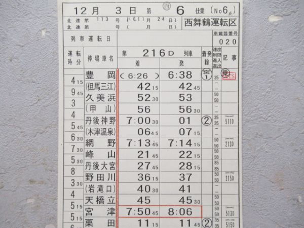 西舞鶴運転区　西6仕業揃い「北近畿タンゴ鉄道快速入り」行路表付き