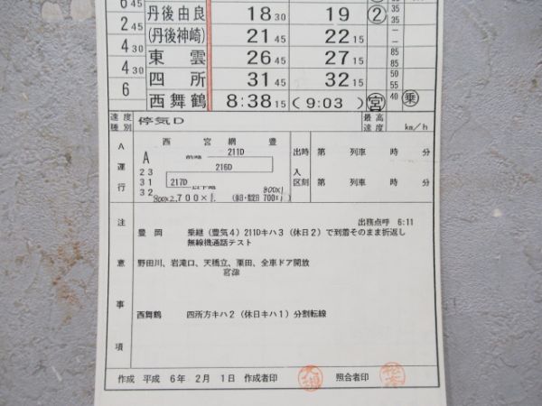 西舞鶴運転区　西6仕業揃い「北近畿タンゴ鉄道快速入り」行路表付き