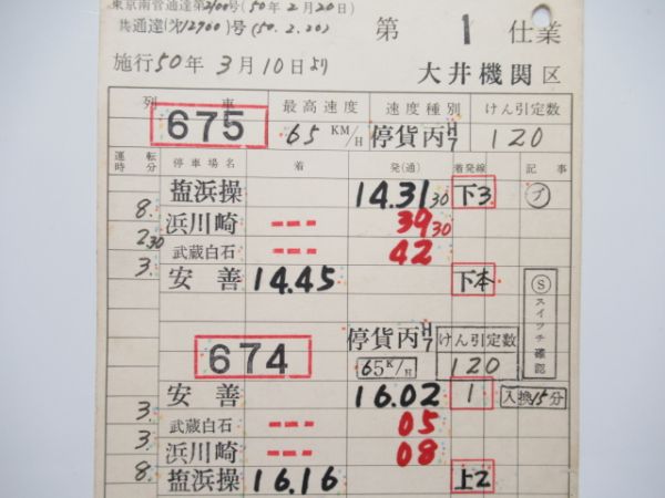 大井機関区　1仕業行路表付き