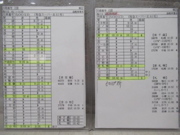 車掌時刻表　特急スーパー北斗1号・北斗星2号