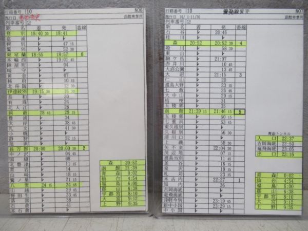 車掌時刻表　特急スーパー北斗1号・北斗星2号