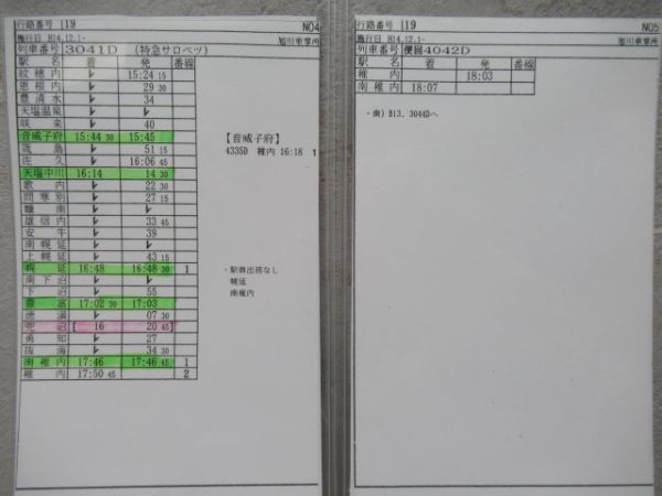 車掌時刻表　Lライラック4号・特急サロベツ・特急スーパー宗谷2号　揃い