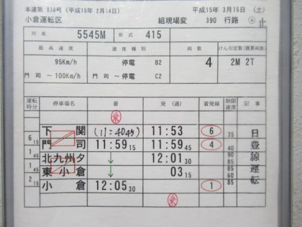 小倉運転区　組現場変390行路揃い