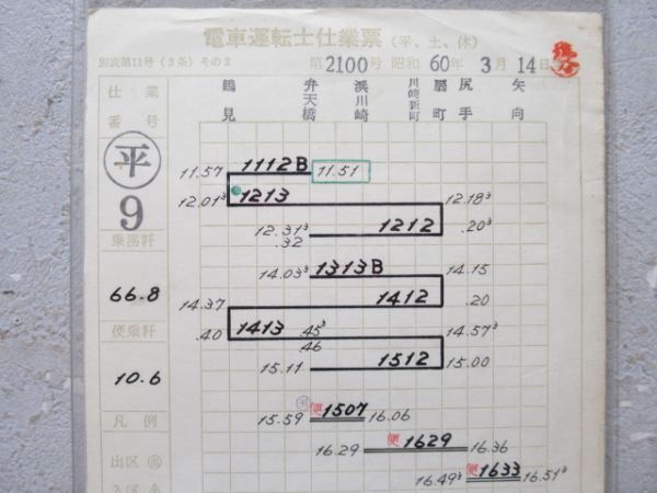 電車運転士仕業票 鶴見線 平 9仕業 揃い　